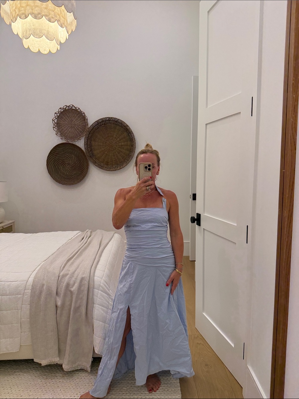 Light Blue Halter Maxi Dress with Ruched Bodice